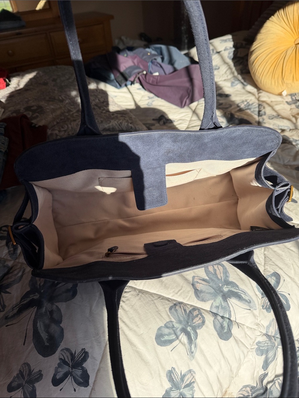 Suede Top-Handle Tote Bag in Dark Navy - Picture 4 of 7